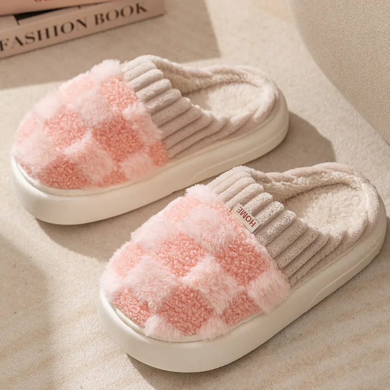 Women's plush indoor slippers in grey with round toe, non-slip PVC sole, and coral velvet upper.