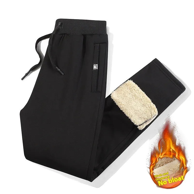 Men's fleece-lined track pants in grey or black with elastic mid-waist and plus-size fit options