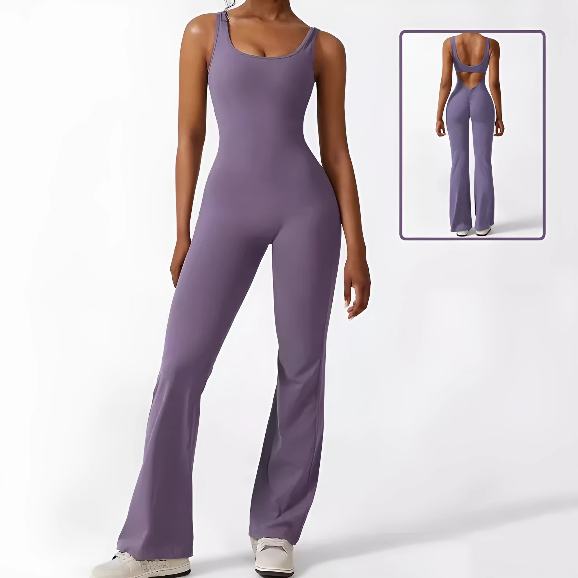 Women's sleeveless flare jumpsuit long pants in high-elasticity polyester for yoga and fitness