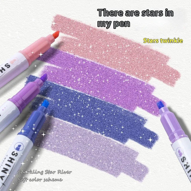 Set of four glitter fluorescent highlighter pens in six colour options with slanted 4mm tips