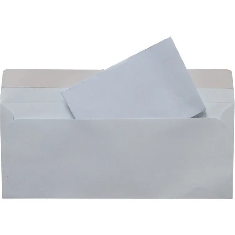 Blue tamper-evident confidential envelope showing self-adhesive strip and 105x240mm dimensions