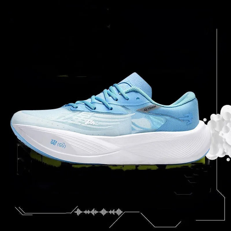 Neutral adult racing sneaker with carbon plate, low-top PU mesh upper in glacier colour with natural rubber sole