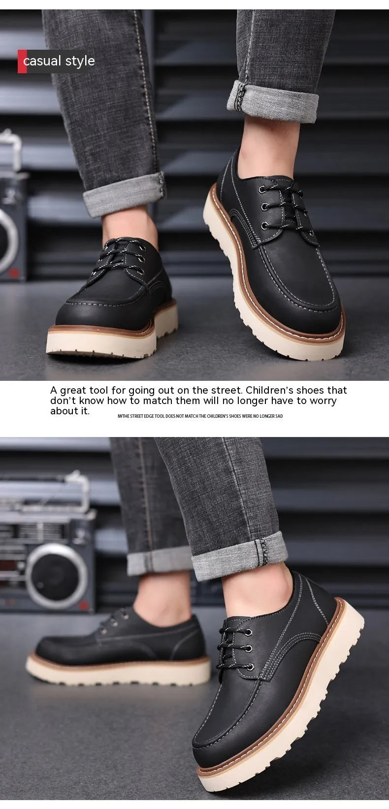 Men's black low-top Martin boots with round toe and rubber sole on wooden surface