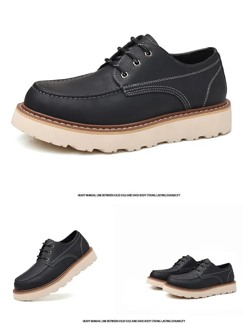 Men's black low-top Martin boots with round toe and rubber sole on wooden surface