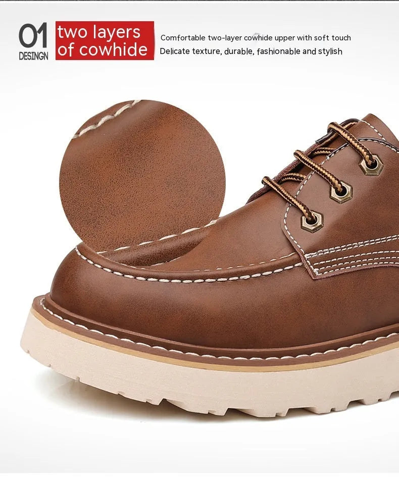Men's black low-top Martin boots with round toe and rubber sole on wooden surface