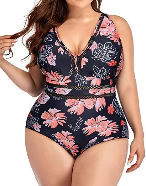 Black plus size women's bikini with a printed pattern, made from polyester mesh fabric.