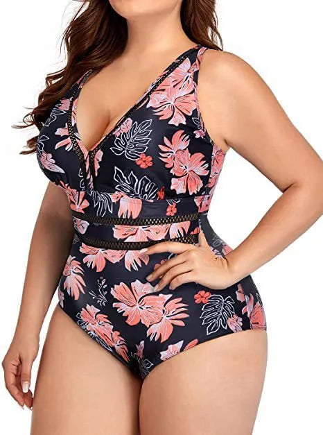 Black plus size women's bikini with a printed pattern, made from polyester mesh fabric.