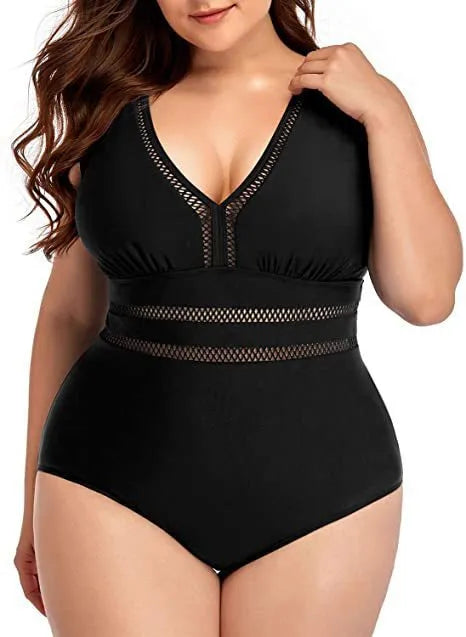 Black plus size women's bikini with a printed pattern, made from polyester mesh fabric.