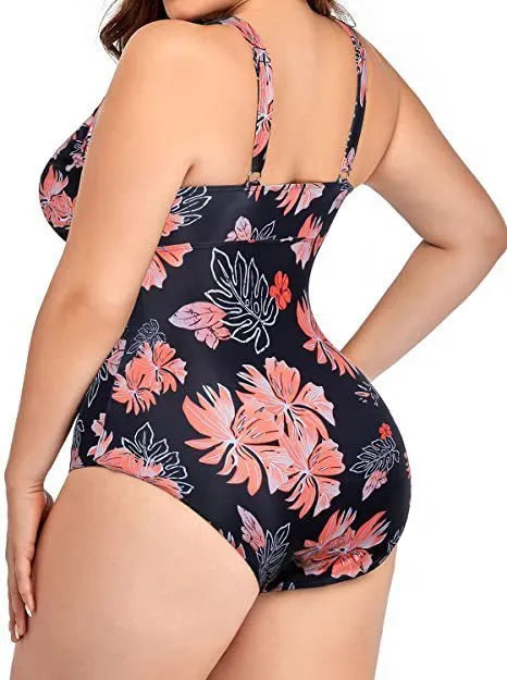 Black plus size women's bikini with a printed pattern, made from polyester mesh fabric.