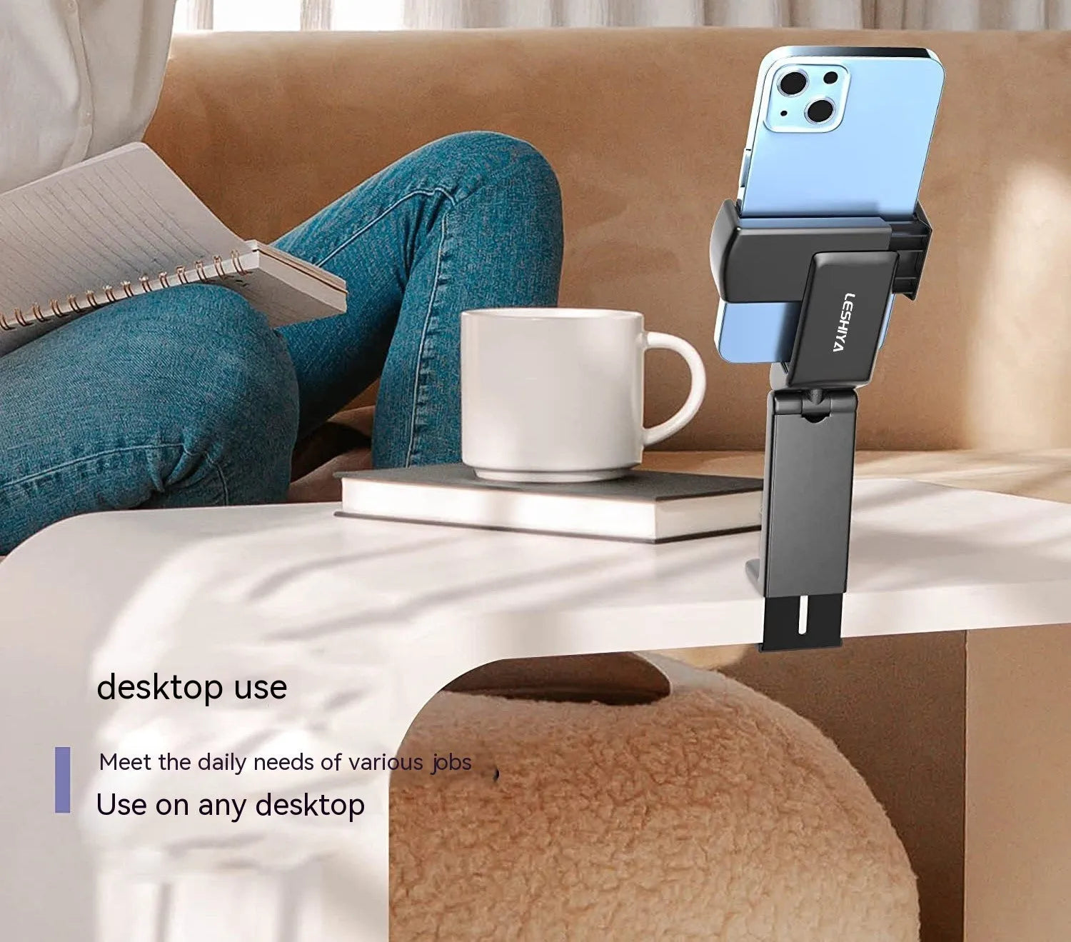 Universal foldable rotating phone holder in black colour showing adjustable viewing angles