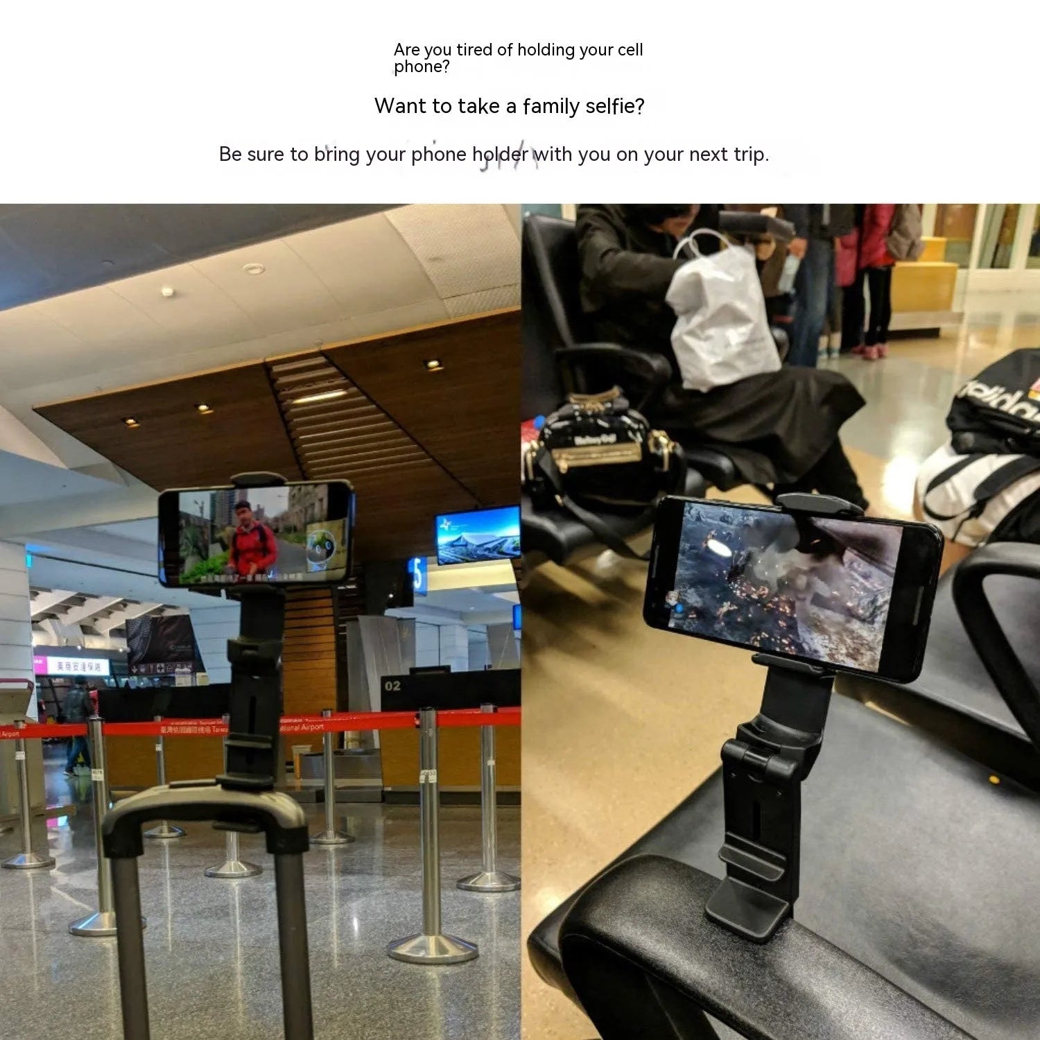 Universal foldable rotating phone holder in black colour showing adjustable viewing angles