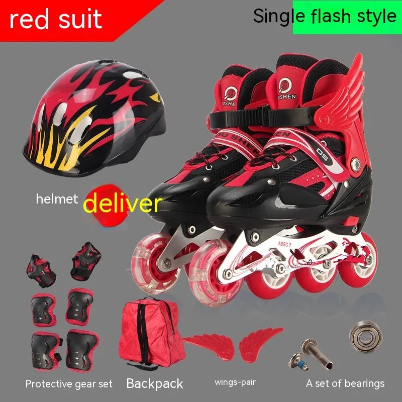 Adjustable children's roller skates in yellow with helmet and protective gear
