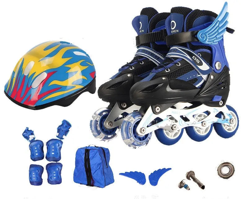 Adjustable children's roller skates in yellow with helmet and protective gear