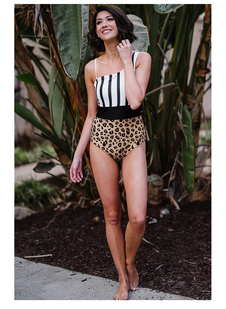 Women's leopard print one-piece swimsuit with asymmetric collar and high waist triangle style