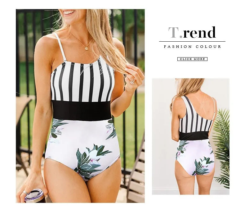 Women's leopard print one-piece swimsuit with asymmetric collar and high waist triangle style