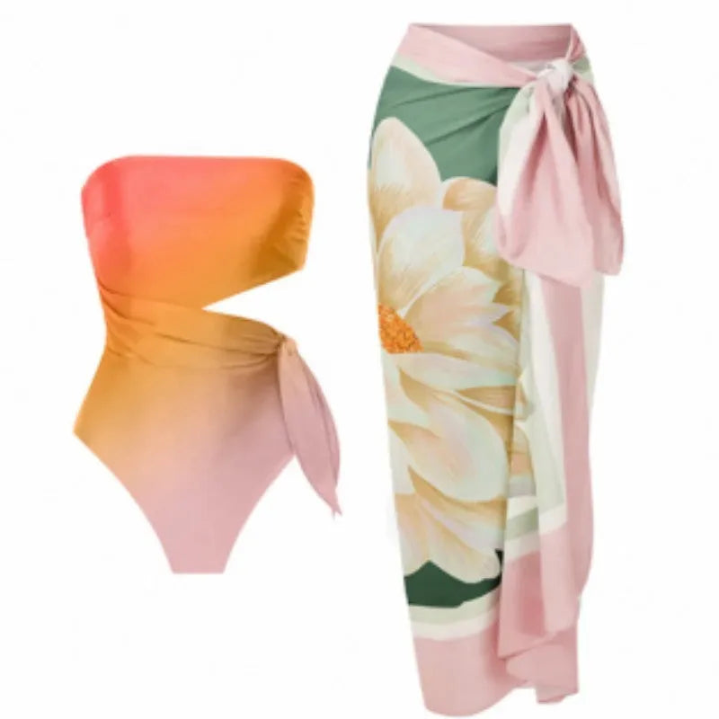Women's retro French-style printed one-piece swimsuit in a quick-drying polyester fabric.