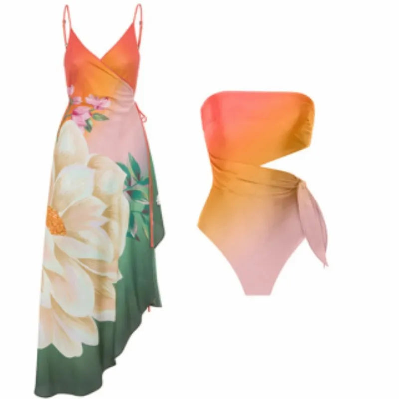 Women's retro French-style printed one-piece swimsuit in a quick-drying polyester fabric.