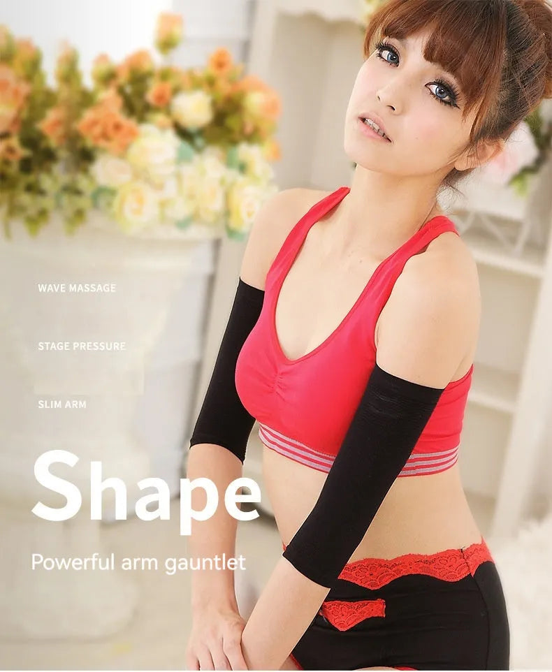 Women's free size shaping arm sleeves in black and skin colour nylon fabric