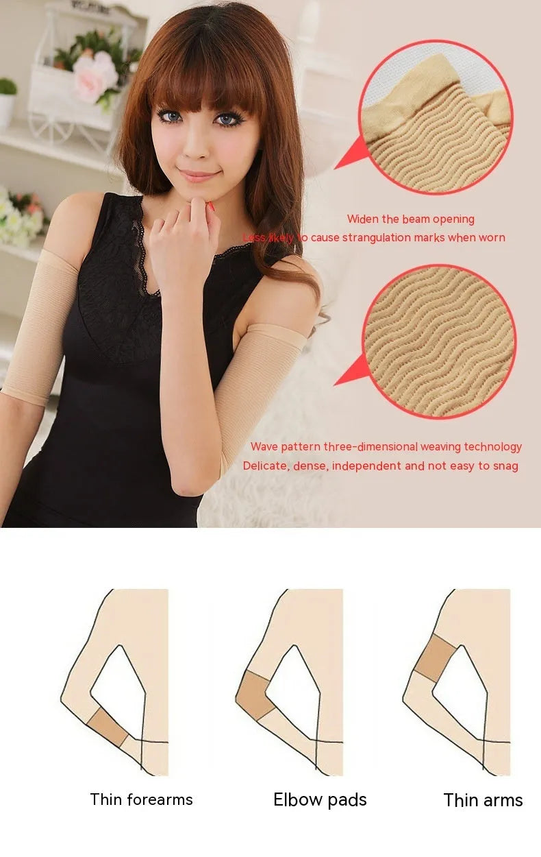 Women's free size shaping arm sleeves in black and skin colour nylon fabric