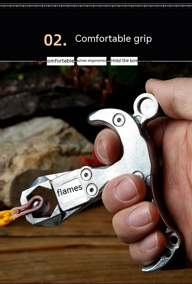 Zinc alloy archery release aid showing its two-axis harpoon clip for bowstring connection