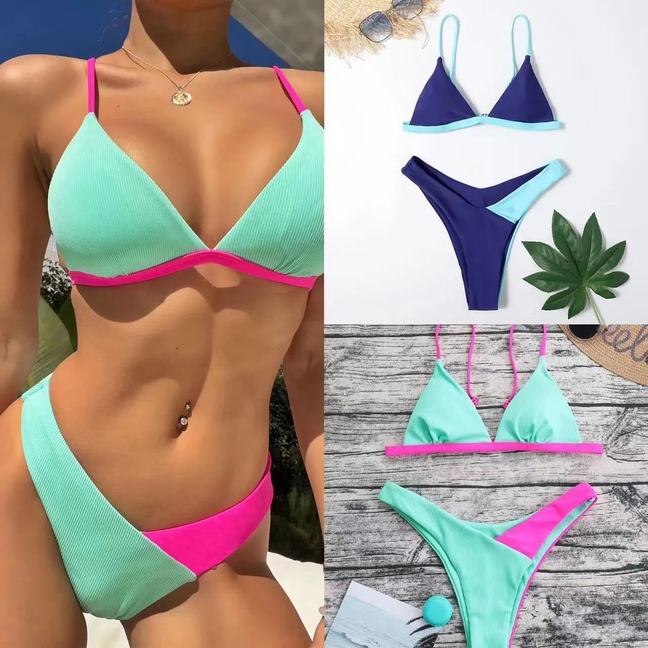 Women's two-piece nylon swimsuit briefs set in a pattern design, showing bra and matching bikini bottoms.