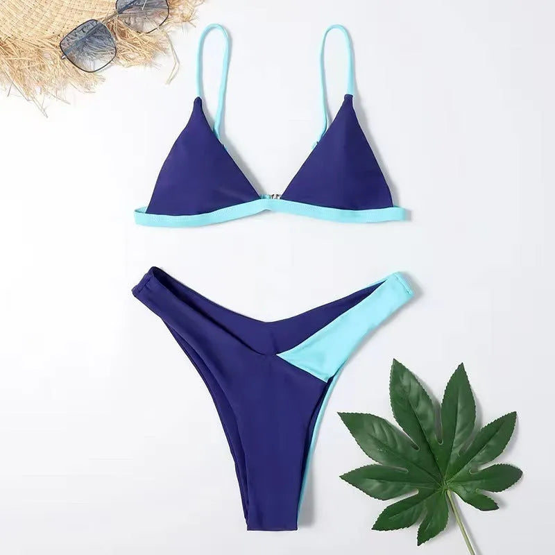 Women's two-piece nylon swimsuit briefs set in a pattern design, showing bra and matching bikini bottoms.