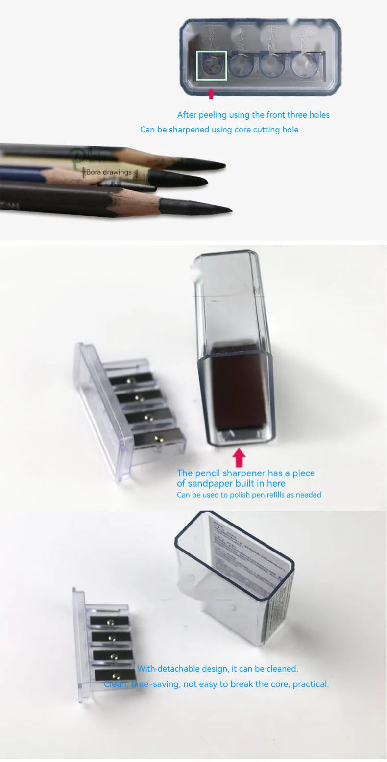 Geometric plastic pencil sharpener with four sharpening holes for sketching pencils