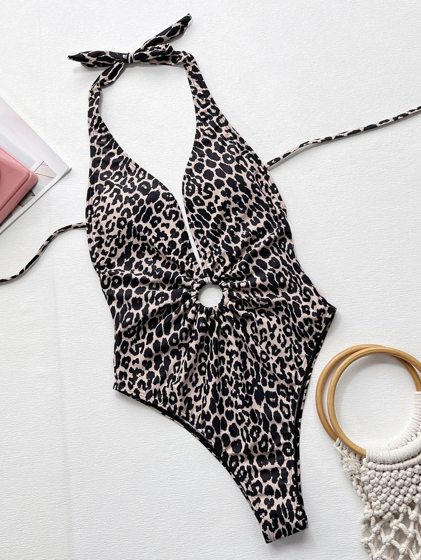 Leopard print women's one-piece swimsuit with hollow-out ring design
