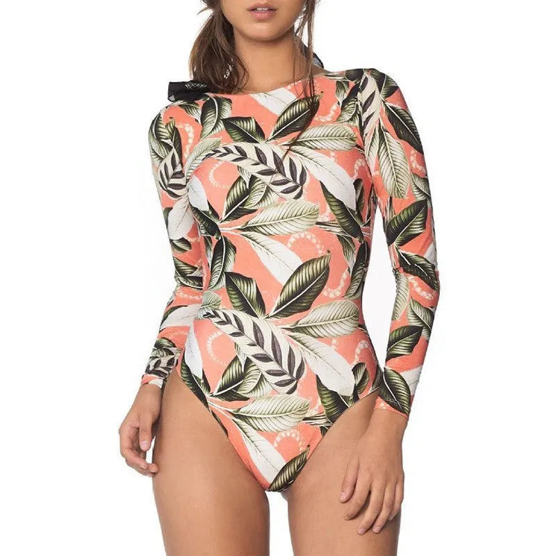Women's backless one-piece swimsuit with leaf print pattern for swimming.