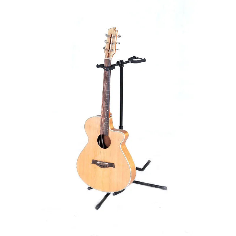 Black iron double-headed adjustable guitar stand holding two guitars vertically