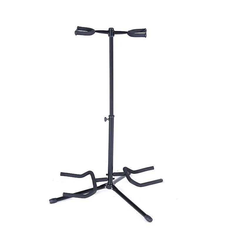 Black iron double-headed adjustable guitar stand holding two guitars vertically