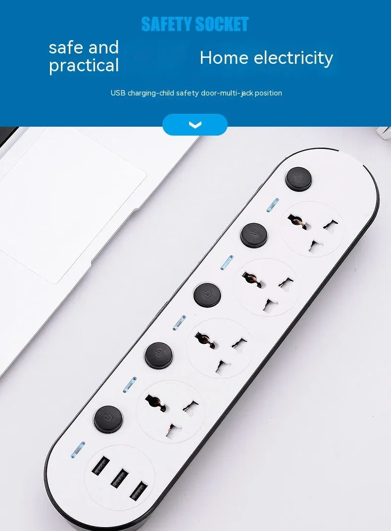 Multi-switch power strip with USB ports in international plug formats