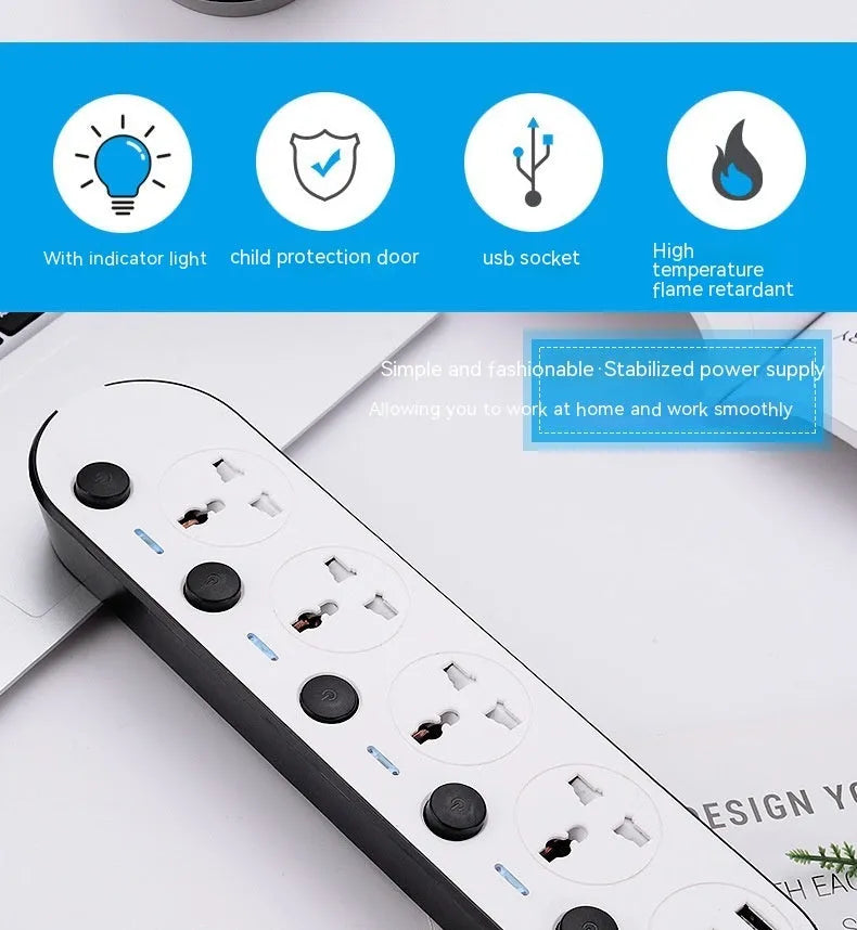 Multi-switch power strip with USB ports in international plug formats