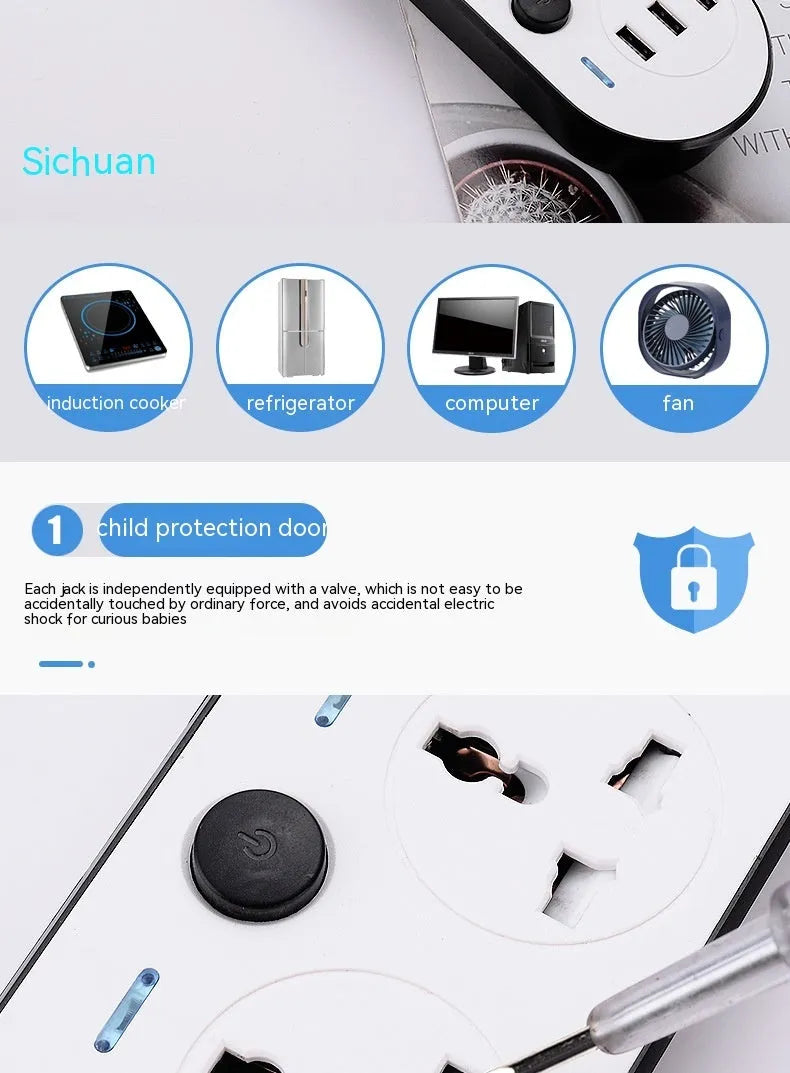 Multi-switch power strip with USB ports in international plug formats