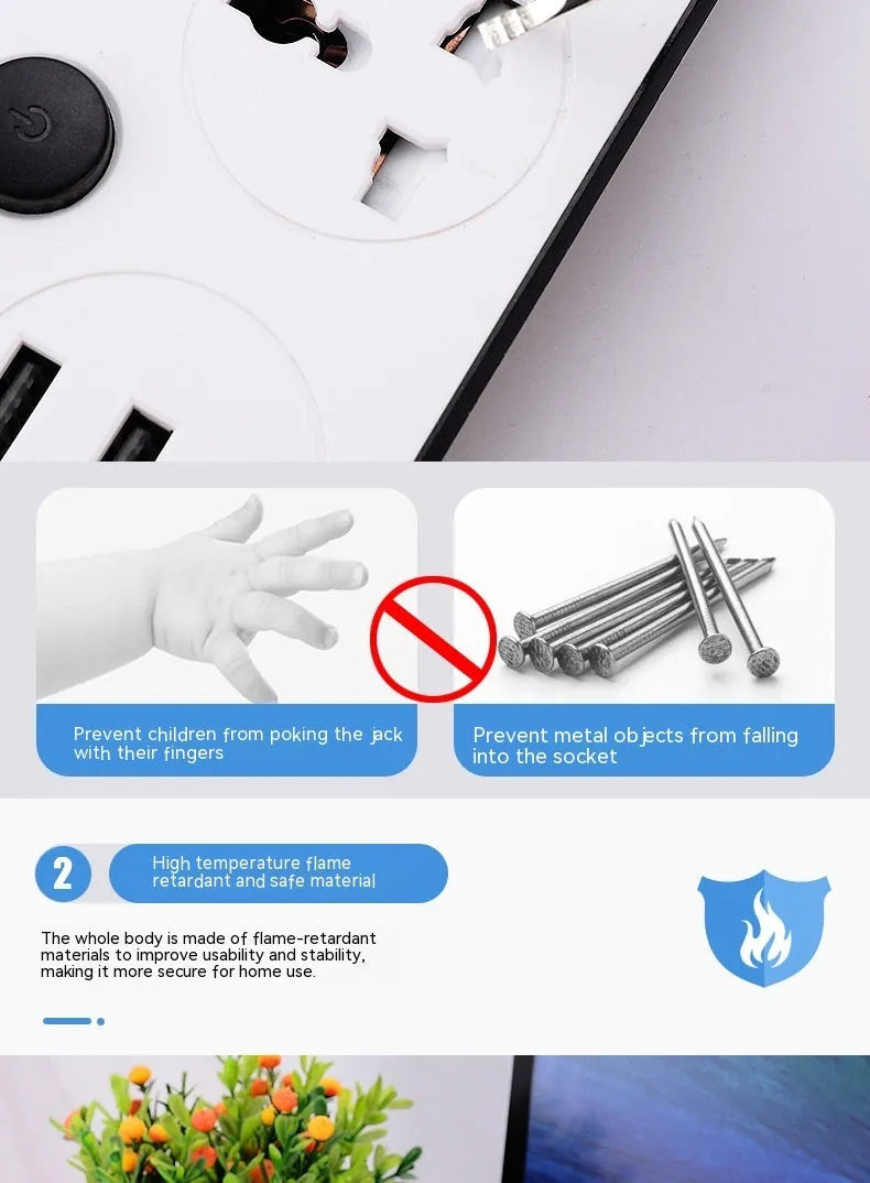 Multi-switch power strip with USB ports in international plug formats