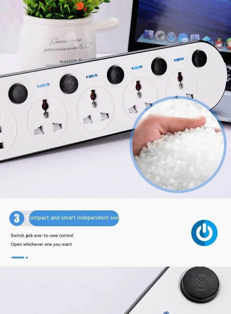 Multi-switch power strip with USB ports in international plug formats