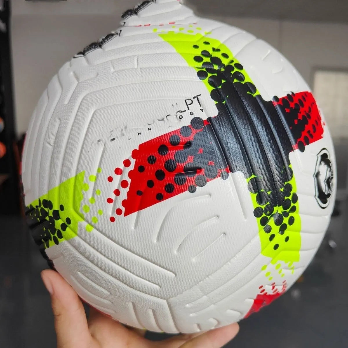 Fluorescent green size 5 football with seamless thermal adhesive patch construction