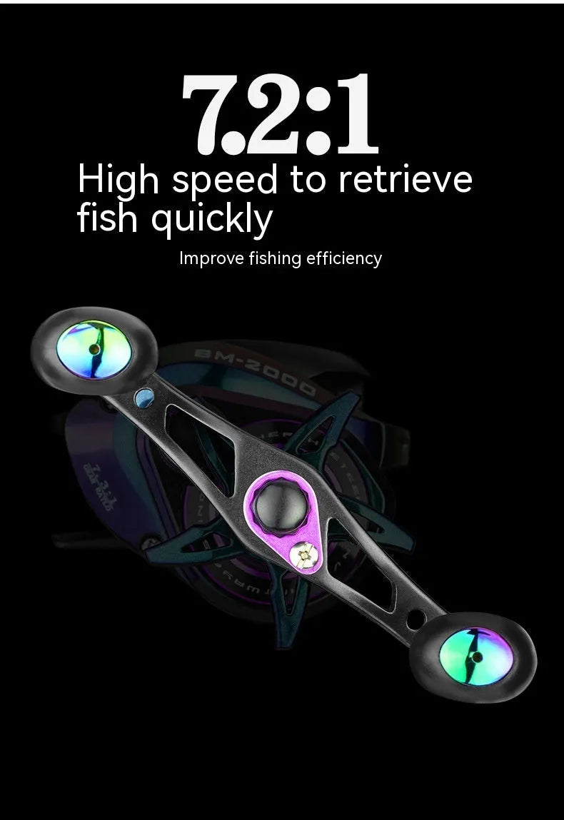 Colourful BM2000 baitcasting fishing reel with magnetic brake and water drop spool.