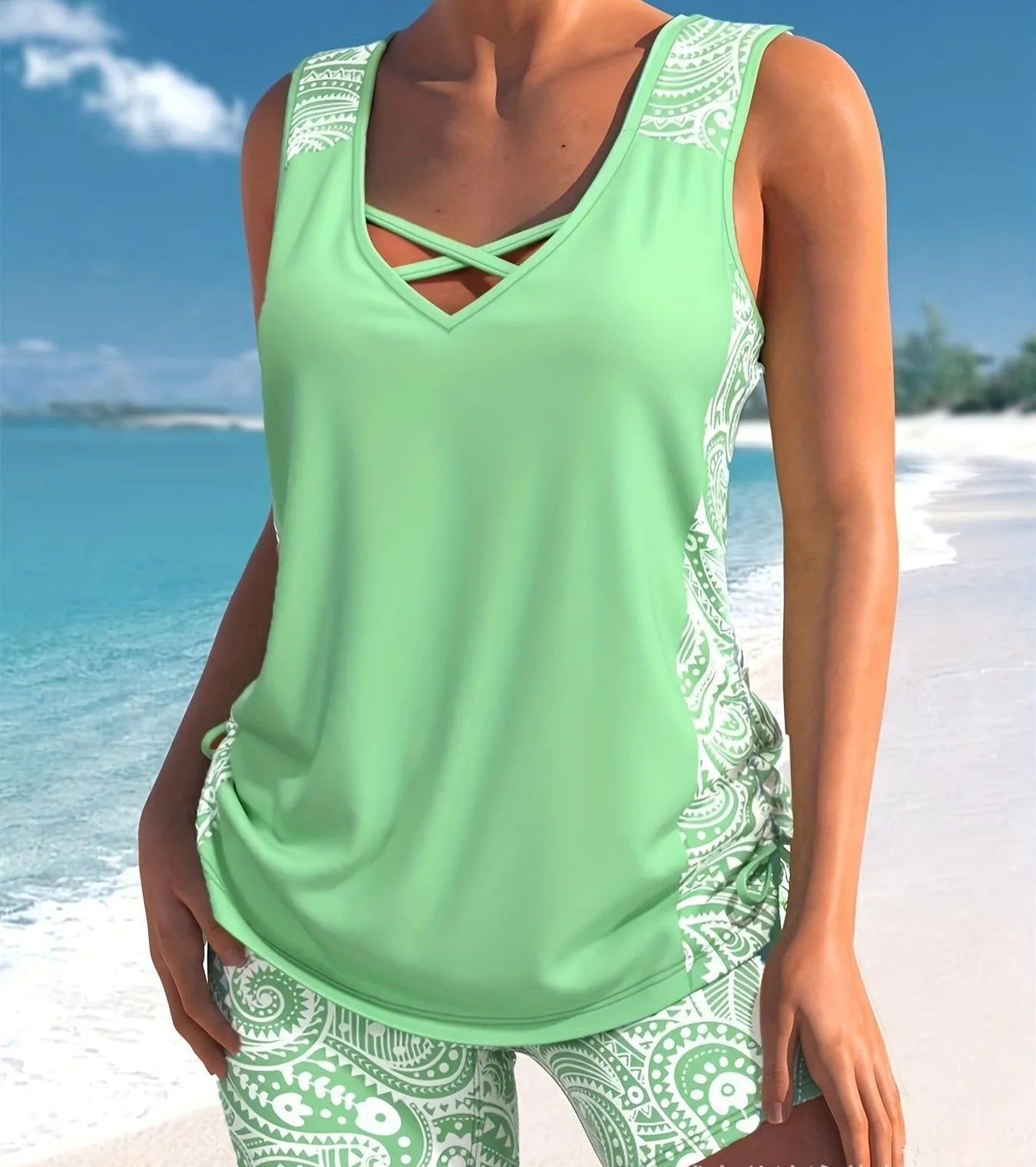 Women's printed split boxer swimsuit set with matching top and shorts