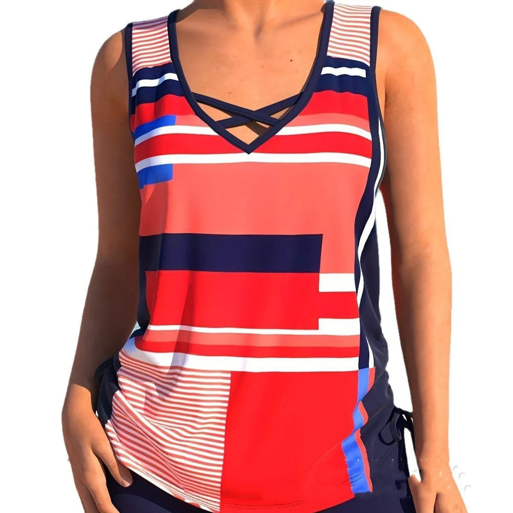 Women's printed split boxer swimsuit set with matching top and shorts