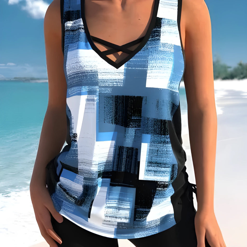 Women's printed split boxer swimsuit set with matching top and shorts
