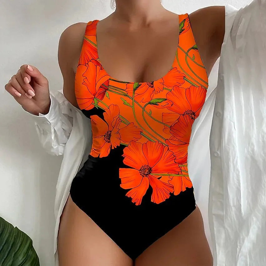 Women's one-piece swimsuit with a 3D printed pattern in orange red, made from Lycra fabric.