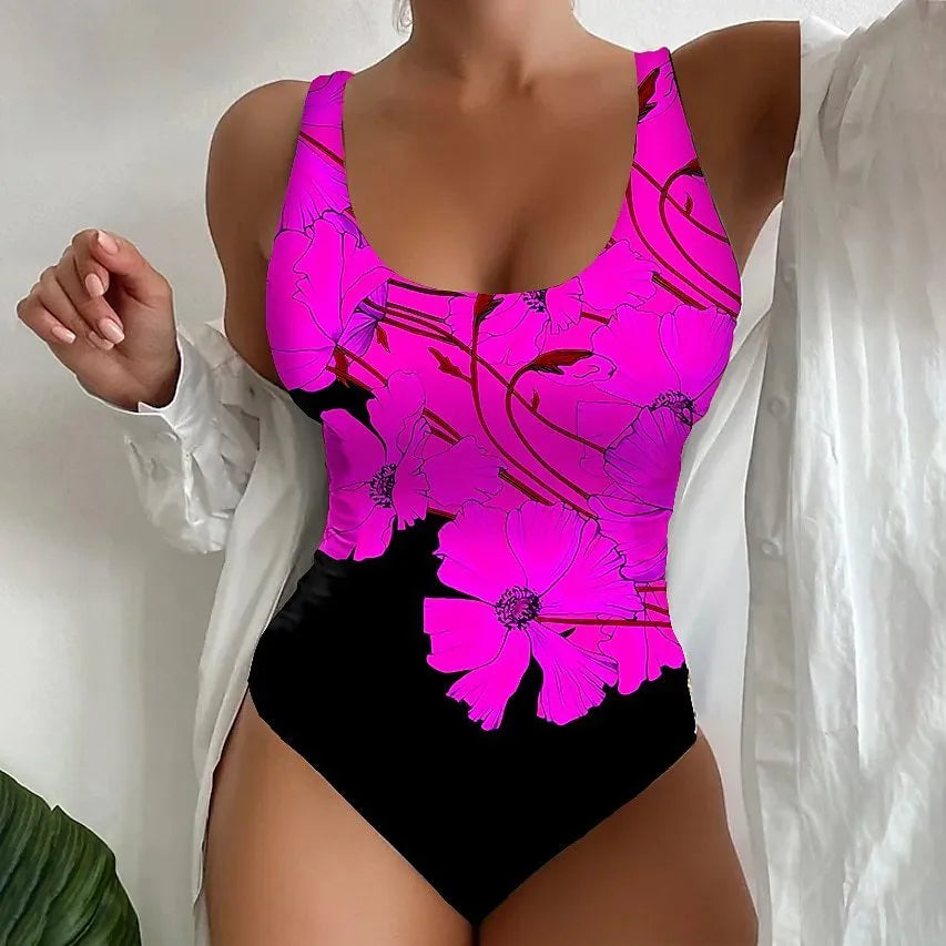 Women's one-piece swimsuit with a 3D printed pattern in orange red, made from Lycra fabric.