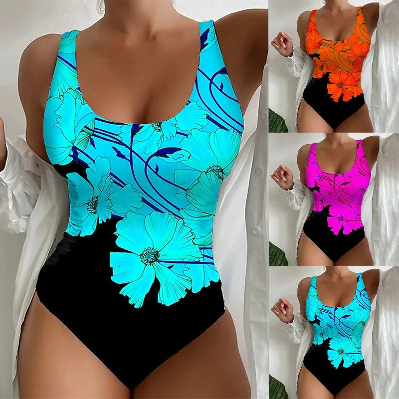 Women's one-piece swimsuit with a 3D printed pattern in orange red, made from Lycra fabric.