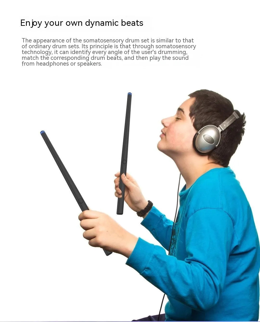 Black somatosensory air drum kit with wireless connectivity and LED lighting for virtual AR drumming
