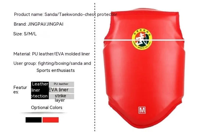 One-piece red boxing helmet and chest protector for training.