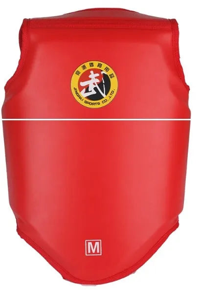One-piece red boxing helmet and chest protector for training.