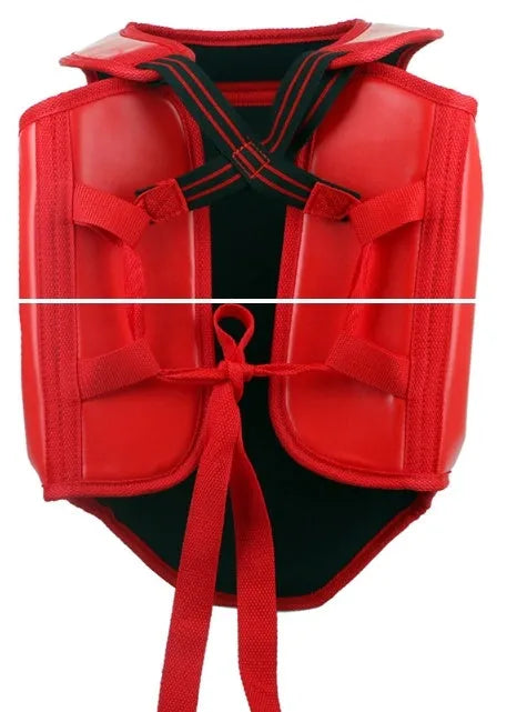 One-piece red boxing helmet and chest protector for training.