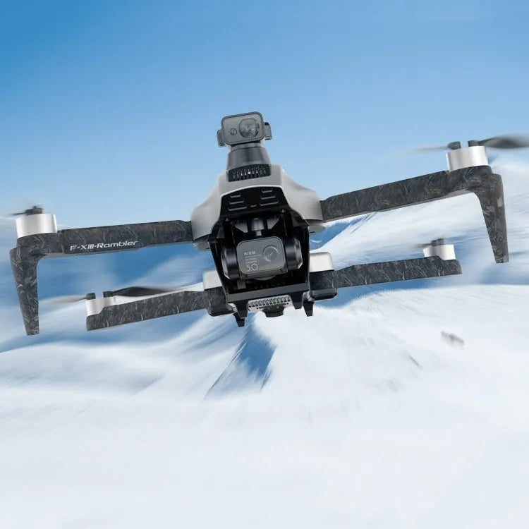 White folding quadcopter drone with camera, shown with remote control, batteries, and shoulder bag.
