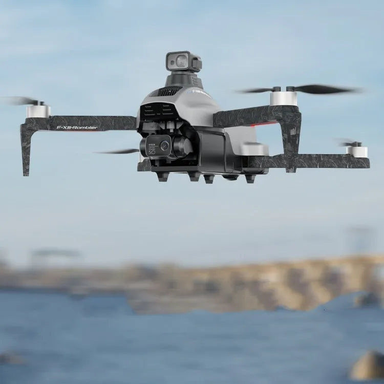 White folding quadcopter drone with camera, shown with remote control, batteries, and shoulder bag.